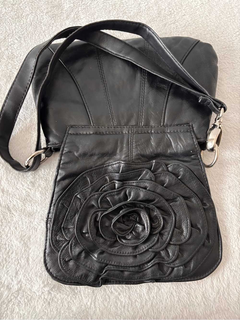 Genuine Leather Black Floral Rosette Shoulder Bag Coquette Romantic Cottagecore - Picture 6 of 11